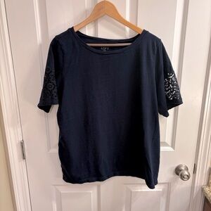 LOFT Dark Blue Short Sleeve Knit Top with Lace Detail XL